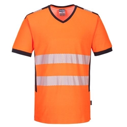 Portwest PW3 Hi-Vis V-Neck Mesh Insert T-Shirt S/S . Size/Fit  S/R, Orange/Black. Style PW310