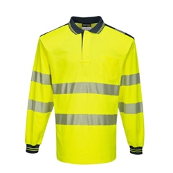 Portwest PW3 Hi-Vis Cotton Comfort Polo Shirt L/S . Size/Fit  S/R, Yellow/Navy. Style T184