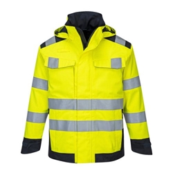 Portwest Modaflame Rain+ Hi-Vis Multi-Norm Contrast FR Jacket. Size/Fit  XXXL/R, Yellow/Navy. Style MV70
