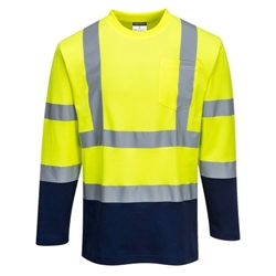 Portwest Hi-Vis Cotton Comfort Contrast T-Shirt L/S . Size/Fit  M/R, Yellow/Navy. Style S280