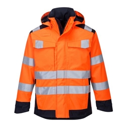 Portwest Modaflame Rain+ Hi-Vis Multi-Norm Contrast FR Jacket. Size/Fit  4XL/R, Orange/Navy. Style MV70