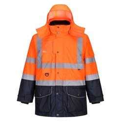 Portwest Hi-Vis Breathable 7-in-1 Contrast Traffic Jacket . Size/Fit  L/R, Orange/Navy. Style S426