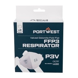 Portwest FFP3 Valved Dolomite Fold Flat Respirator (Pk3). Size/Fit  /R, White. Style P310