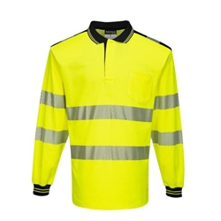 Portwest PW3 Hi-Vis Cotton Comfort Polo Shirt L/S . Size/Fit  S/R, Yellow/Black. Style T184