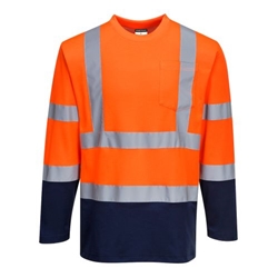 Portwest Hi-Vis Cotton Comfort Contrast T-Shirt L/S . Size/Fit  M/R, Orange/Navy. Style S280