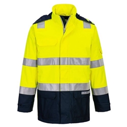 Portwest Bizflame Rain+ Hi-Vis Multi-Norm Contrast FR Jacket. Size/Fit  L/R, Yellow/Navy. Style FR605