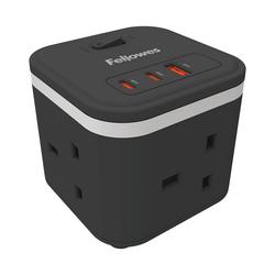 Fellowes Power Cube Type G UK/IE 3 Sockets 1 USB-A + 2 USB-C Ports Black 100136979